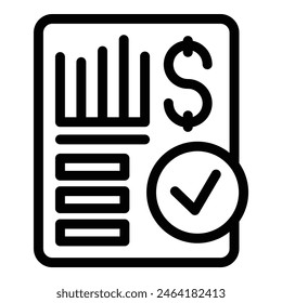 Black and white line art icon depicting a financial report with graphs and dollar sign