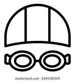 Black and white line art icon of a vintage swim cap and round swimming goggles