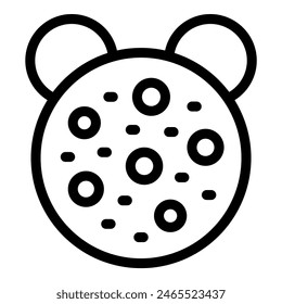 Black and white line art icon depicting a mouse face shaped cookie with circles