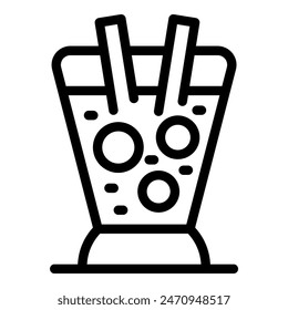 Black and white line art icon of a soda cup with straw