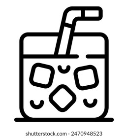 Black and white line art icon depicting a cold beverage with ice cubes and straw