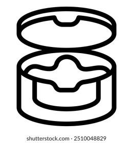 Black and white line art icon of a round tin container for food storing with an open lid