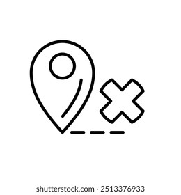 Black and white line art icon of a map pin with a cross and a dashed line underneath it.