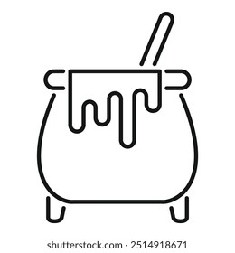 Black and white line art icon of a witch cauldron boiling with magic potion and stick for stirring