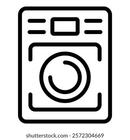 Black and white line art icon of a frontloading washing machine for web and mobile interfaces