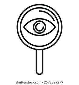 Black and white line art icon featuring an eye within a magnifying glass, representing close observation