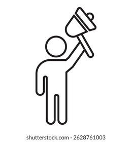 A black and white line art icon of a stick figure standing and holding a handbell upwards, as if about to ring it or having just rung it.
