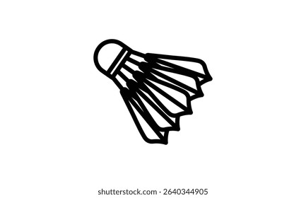 Black and white line art icon of a badminton shuttlecock. Simple and clean design.
