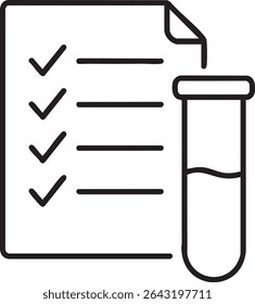 A black and white line art icon showing a checklist with checkmarks and a test tube with liquid.