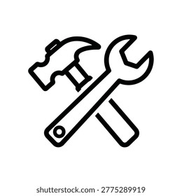 A black and white line art icon depicting a hammer crossed with an adjustable wrench, symbolizing repair, construction, maintenance, and handyman services.