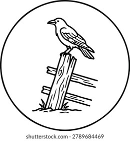 Black and White Line Art Icon of a Crow Perched on a Wooden Fence Post