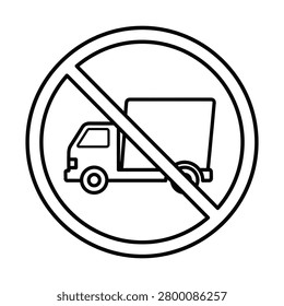A black and white line art icon showing a small truck inside a universal prohibition symbol, indicating no trucks allowed or restricted vehicle access.