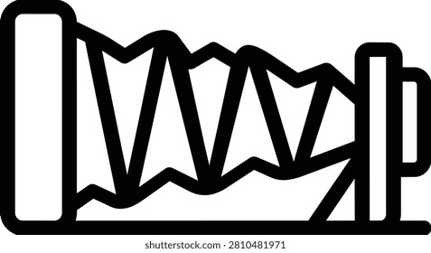 A black and white line art icon of a classic vintage folding camera with bellows. Ideal for photography websites, history of technology blogs, or retro graphic design projects.