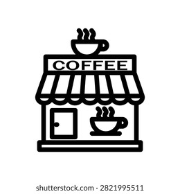 Black and white line art icon showing a charming coffee shop storefront with a coffee cup symbol on top, striped awning, coffee sign, and service counter.
