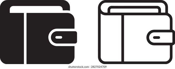 Black and white line art icon depicting a wallet with a flap closure, suitable for finance or commerce concepts.