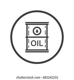 Black and white line art icon of oil barrel in the round frame