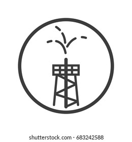 Black and white line art icon of oil fountain tower in the round frame