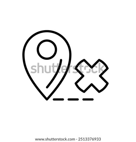 Black and white line art icon of a map pin with a cross and a dashed line underneath it.