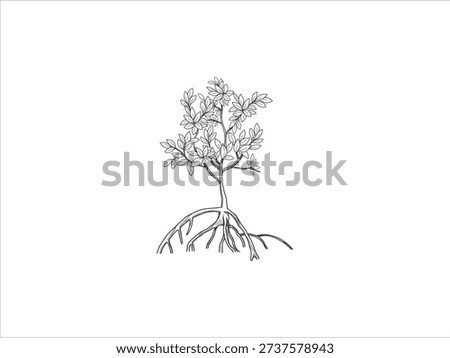 Black and white line art icon of a mangrove tree. Vector of  tree roots outline