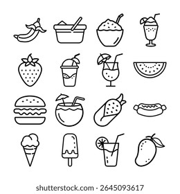 Black and white line art icons of summer foods and refreshing drinks.