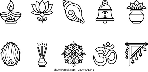 Black and white line art icons representing traditional Indian puja items for Hindu religious ceremonies and spiritual practices.