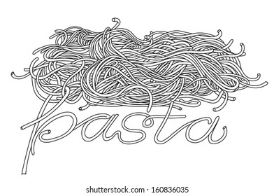 Black and white line art illustrates a heap of spaghetti with pasta label written by the spaghetti itself