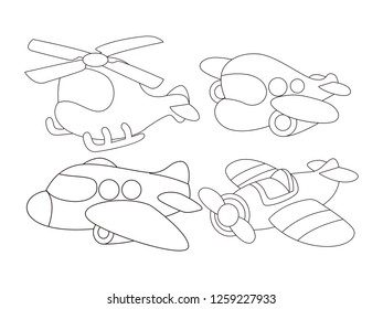 black and white line art, illustration of silhouette vector planes and helicopters