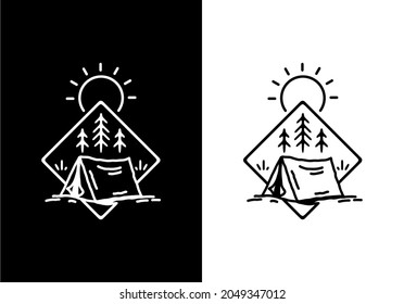 Black and white line art illustration of camping tent design