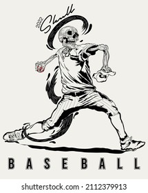 A black and white line art illustration of  skull baseball player thronging ball, wearing baseball shirt and trouser and boot.