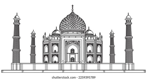 Black and white line art illustration of Tajmahal located on Agra in Uttar pradesh, India, isolated on white background in vector illustration