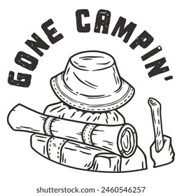 Black and white line art illustration of camping essentials, including a hat, logs, and an ax, evoking a sense of wilderness adventure and the spirit of exploration.