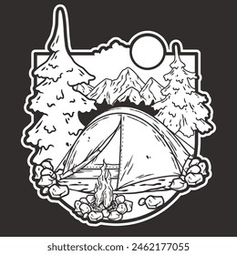 Black and white line art illustration featuring an outdoor camping scene with a tent, campfire, mountains, and forest under a sun, encapsulating the essence of wilderness adventures.