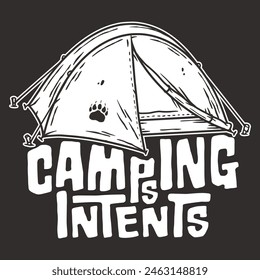 Black and white line art illustration of a camping tent with a paw print, suggestive of wilderness and outdoor hiking adventures. Nature-themed designs and camping enthusiasts.