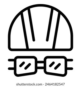 Black and white line art illustration of a safety helmet and goggles, representing protection gear