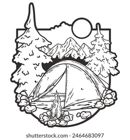 Black and white line art illustration featuring an outdoor camping scene with a tent, campfire, mountains, and forest under a sun, encapsulating the essence of wilderness adventures.