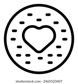 Black and white line art illustration of a round cookie with a cute heartshaped center
