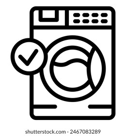 A black and white line art illustration of a washing machine with a checkmark symbol