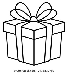 Black and white line art illustration of a wrapped gift box. Vector illustration