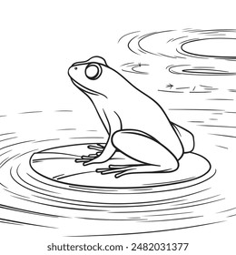 Black and white line art illustration of a frog sitting on a water lily pad