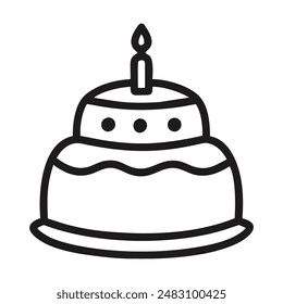Black and white line art illustration of a birthday cake with a candle. Vector illustration