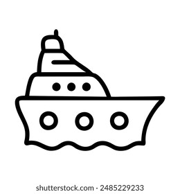 Black and white line art illustration of a small motorboat. Vector illustration