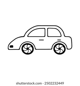 A black and white line art illustration of a car, capturing a playful and cartoonish style.