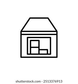 Black and white line art illustration of a warehouse with boxes inside.