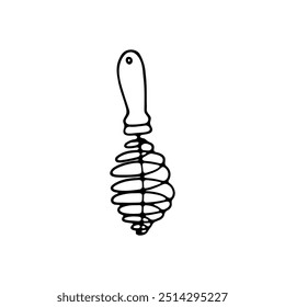 A black and white line art illustration of a balloon whisk.