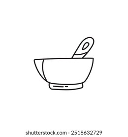 Ilustración de arte de línea en blanco y negro de un tazón y una cuchara. Simple utensilio de cocina dibujado a mano para cocinar y comer.