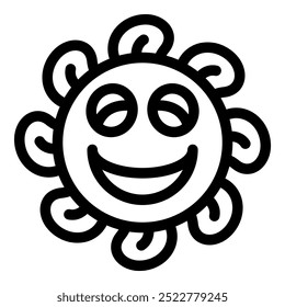 Ilustración de arte de línea en blanco y negro de un personaje de dibujos animados sonriendo con gafas de sol en forma de ojos