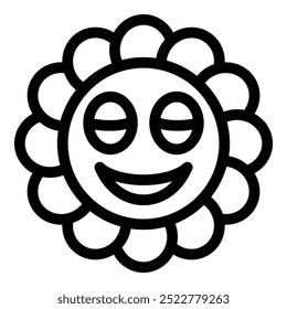 Ilustración de arte de línea en blanco y negro de un sol de flores sonriente con los ojos cerrados