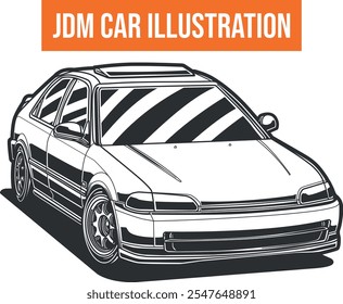 black and white line art illustration of classic jdm car. isolated on white background