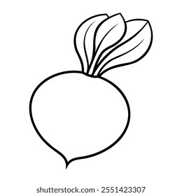 Black and white line art illustration of a beetroot with leaves