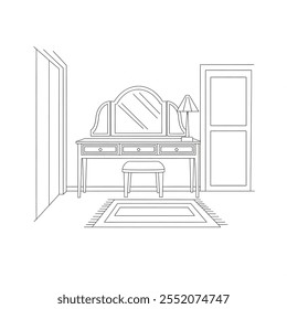 A black and white line art illustration of a dressing table on a coloring page 